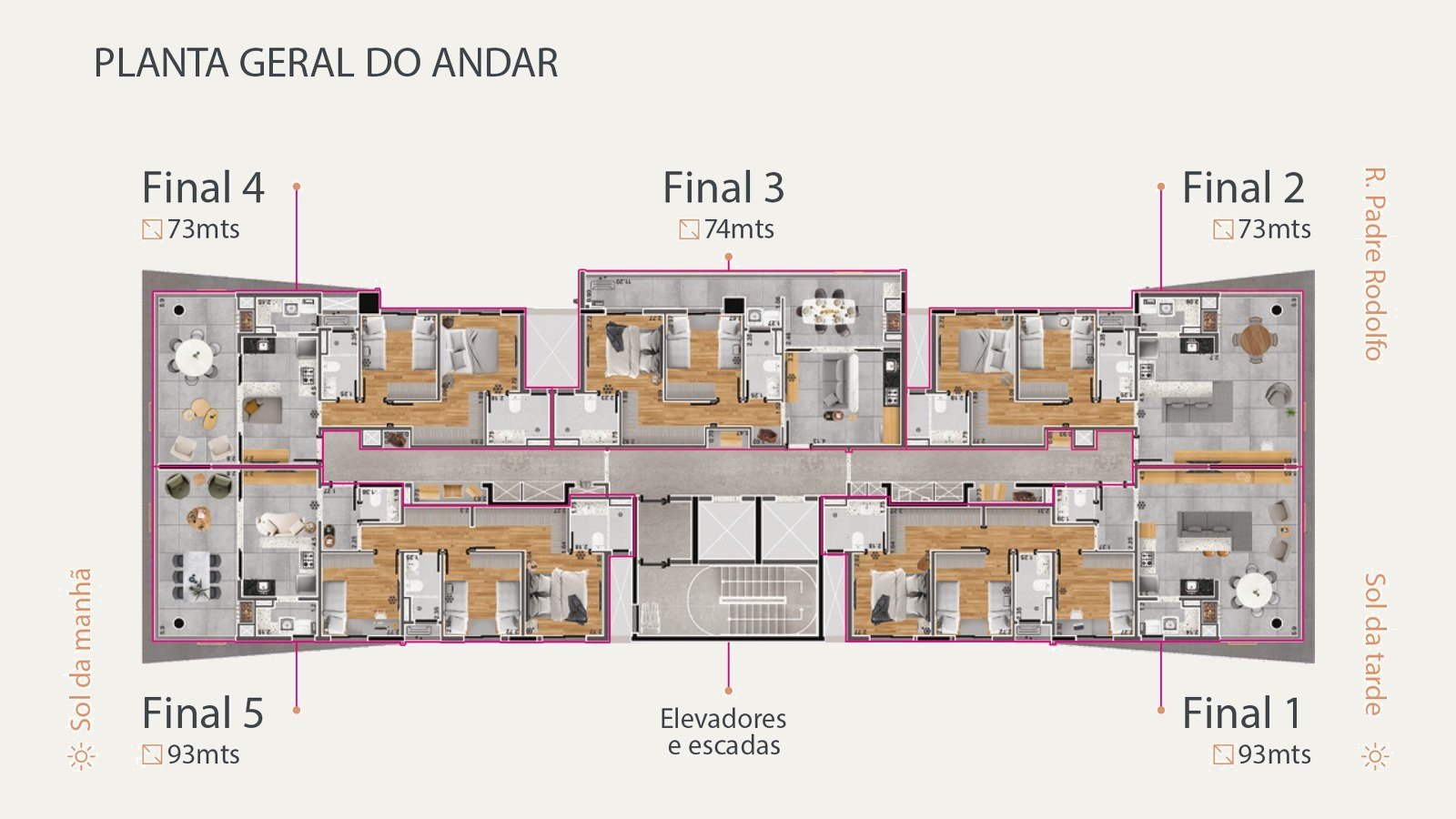 Planta geral do andar do Matiss, com os cinco apartamentos, elevadores ao centro e a orientação solar